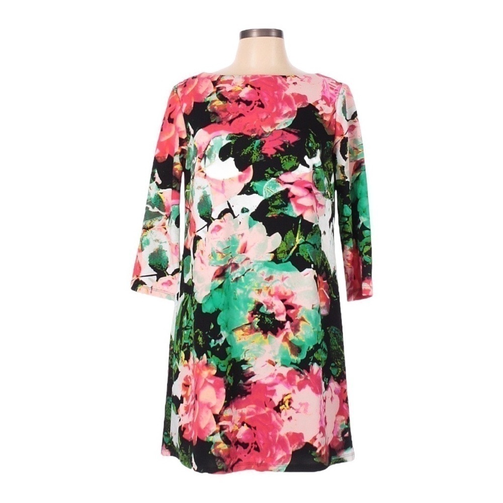 Nicole Miller New York Floral Shift Dress Sz 4 Scuba Knit 3/4 Sleeve Boat Neck